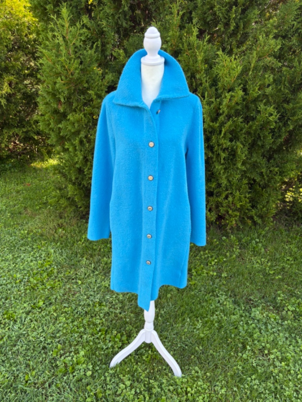 Talbots Vibrant Cyan Blue Button-Up Long Sweater Coat Jacket, Medium